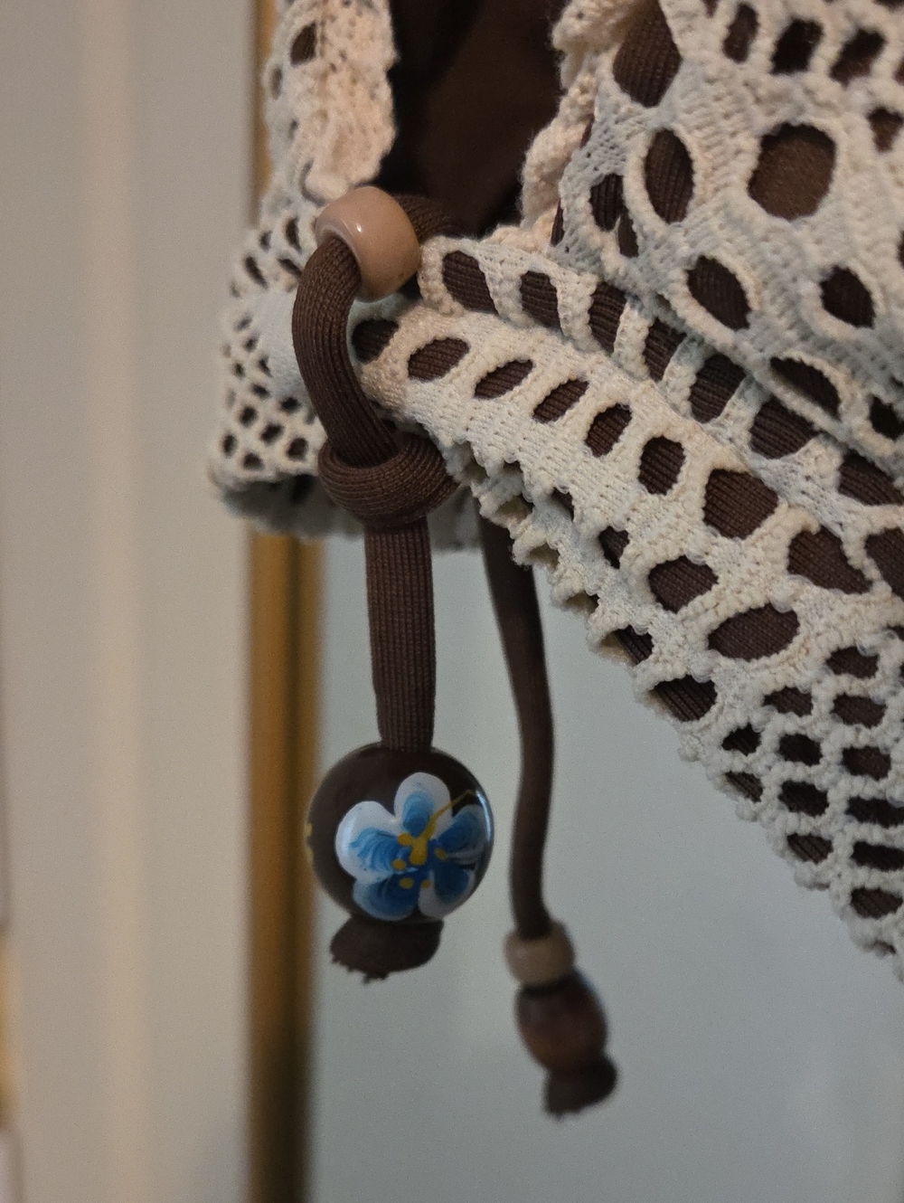 Lucky Brand Brown Bikini with Cream Crochet Overlay and Wooden Beads Details-M - Picture 3 of 9